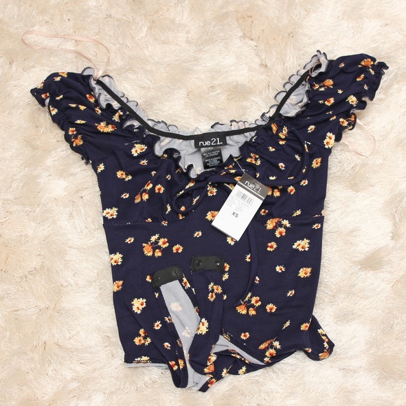 Navy Floral Print Super Soft Puff Sleeve - Picture 6 of 7